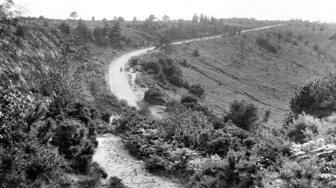 Black and white aerial view of the turnpike road in the 1920s